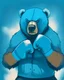 Placeholder: A grizzly bear with bright blue fur with boxing gloves looking at you on in an illustration style