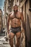 Placeholder: close up photography of an ugly 40 year old stocky robust burly marocan, wearing ripped work shorts, shirtless, leaning with his back on the wall, crossing arms, dirty, sweat, wet, ajar mouth, hairy chest, , very virile, short beard, shaved hair,, , in a sunny street, photorealistic , frontal view from the ground, view angle from bottom