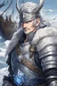 Placeholder: in anime style,1older man, a older man with blue eyes and black hair man in silver Viking armor with fur around the neck with blue crystal on his chest holding an axe in his hands standing on a pirate ship in the artic, warrior in anime style,