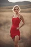 Placeholder: high resolution, very detailed, a portrait of a gorgeous young fit blonde woman stands in a glamorous model pose. short hair with sides shaved, hazel eyes, subtle freckle. she's wearing a one-piece red cloth tube dress. Her hands rest gently on her hips. She wears red high heels with straps across her ankles. She stands in the middle of a deserted country road that vanishes into the distant horizon