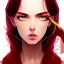 Placeholder: crystal clear blue eyes, and dark pink hair, dot eyebrows, woman, angry expression, pointy ears, long hair, sexy, young, beautiful