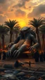 Placeholder: A huge anunnaki creature laying down on a bench of wood surrounded by date palms and small people holding candles the body with candles in the hands and all wearing black customs close to the river of tigers cloudy sunset environment