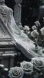 Placeholder: A grave above it a white lace scarf and white roses. Cinematic picture