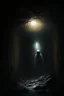 Placeholder: character in semi-darkness, on the scree cone of an underground room dimly lit by daylight coming from a well located forty meters above.