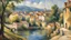 Placeholder: Style Cézanne, calm beauty, sunlight, French village with river, peaceful, beautiful composition, exquisite detail