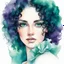 Placeholder: Portrait of a beautiful woman with green eyes, curly black hair with purple, teal and turquoise highlights and long eyelashes. With a white ruffled blouse, uncut head and in front of a white background, watercolor illustration