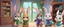 Placeholder: light brown rabbit wearing a green scarf, white rabit wearing purple scarf, dark brown rabit wearing blue scarf, hopping room to room, blue pet little house with twoo floors background, disney cartoon style