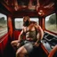 Placeholder: photography of a truck beefy driver sleeping in truck, inside cab,, sweaty , massive with tattoos and short beard, Romanian, muscular and manly chest, shorts, , seen from below