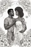 Placeholder: Create outline art of coloring page of a black couple surrounded by blossoming flowers symbolizing the growth and beauty of their love. white background, sketch style, half of body, only use outlines, Mandala style, clean line art, white background no shadows, no shading, no color at all and clear and well outlined.