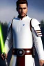 Placeholder: portrait jedi, tunique et armure de combat blanche, capuche, sabre laser, ceinture, temple, 4K