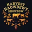 Placeholder: an autumn colored textured cloth embroidered ornamental leaves and cattle, pointed bottom, on dark background, embroidered text across top "HARVEST SHOWDOWN" block text, Canadian western cowboy style