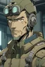 Placeholder: Anime man side character cyborg , wearing army clothes,aged 46 with a one robot eye