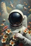 Placeholder: Bosch painting style, an astronaut surrounded by flowers around him as protector