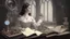 Placeholder: Victorian gothic woman, with long dark hair, leaning over a desk, working on a tiny clockwork machine, gloved hands, while looking through a magnifying glass, in a dark laboratory, full of devices, machines, and books