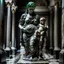 Placeholder: A large black marble statue of a woman holding a baby in her arms, standing among the remains of fallen columns of a Corinthian temple, a very detailed sculpture