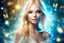 Placeholder: très belle femme-fée cosmique, ailes transparentes, visage doux très beau, cheveux blonds longs, gracieux et doux sourire, bijoux magnifiques, boucles d'oreille dorées, grand ciel bleu, lumières, lucioles, papillons brillants, étincelles de lumière, ambiance douce et féerique