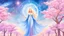 Placeholder: Create an image of a full body cosmic goddess. the goddess should be depicted as a beautiful and powerful figure, surrounded by cosmic stars. her hair should be long, blond and flowing, and she should be dressed in a flowing gown blue celestial robe. in the background, include imagery of pink flowers, blue sky, trees. the image should evoke a sense of joy, celebration, and spiritual connection to nature.