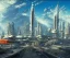 Placeholder: Spaceport on a heavy industrialized planet, a vibrant city in the background, a docked spaceship in the foreground!!!, art by John Berkey, buildings with glass facades, Brutalität architecture, insanely detailed, vibrant, 8k uhd, cinematic atmosphere, ultra-wide angle, street level view, brush strokes, blue sky with clouds, sharp focus