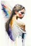 Placeholder: A detailed illustration of a beautiful young female human with growing out of her back. Her skin, hair and face are all made of paint. Her wings are spread. Front view. Highly detailed flawless facial features and eyes. Abstract Oil painting splash art. White background, wide angle, abstract design, beautiful, thick flowing paint strokes, dripping paint, fantasy art, modern art, ((soft happy complimentary colors,)) modern aesthetic, focused on the character, 4K resolution.