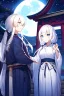 Placeholder: girl, masterpiece, best quality, cinematic lighting, detailed outfit, vibrant colors, perfect eyes, white hair, blue eyes, long hair, low ponytail, hakama, shrine, smile, looking down, night sky, starry sky, full moon,