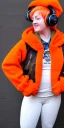 Placeholder: Bright-orange-haired woman.thick thighs,thick calves,flat belly,curvy fell. big head. Mantle is sewed of upcycled Denim and sewed together of camouflage pieces. Pieces' color are orange, cream and purple. It is with big bright purple felt tippet and cream-colored-hood. mantle has a hood. Big AKG-style headphones (gold rings!) is merged with small felt cap with small visor. Style: Haute Couture in 1920's, N.Y.C fashion in 1996, inspired by street art. Cream latex gaiter.