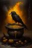 Placeholder: Living cauldron with yellow sigil, slightly demonic golem crow bat in it, prize winning oil painting