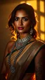 Placeholder: A stunningly elegant Indian supermodel, adorned in a designer saree and an extra-long necklace, her skin glowing in the golden hour light. Henna tattoos decorate her skin, casting shadows and rays that enhance her beauty. This evocative image captures her radiance and grace in a photograph. Her dusky complexion is enhanced by the play of light and shadow, creating a mesmerizing effect. The impeccable quality of the image highlights the model's striking features and the intricate details of her a