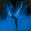 Placeholder: Minimal abstract oil painting of a tyler durden limbs sinew twisted . Background of bright blue with random words. hanging wires illuminated at night. In the style of Justin Mortimer and Phil Hale and Ashley Wood