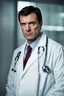 Placeholder: portrait of a 40 year old doctor with dark hair and a scowling expression, angry eyes