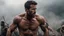 Placeholder: Hyper Realistic handsome-shirtless-muscular-short-black-hair-Ryan-Reynolds fighting in a prehistoric-war-sequence at dark-cloudy-day with dramatic-&-cinematic-ambiance