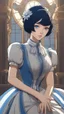 Placeholder: Yong Elizabeth with short black hair and blue eyes and blue and white dress in 8k anime cgi artstyle, bioshock them, full body, intricate details, highly detailed, high details, detailed portrait, masterpiece,ultra detailed, ultra quality