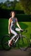 Placeholder: photography of a beautiful anorexic woman, grey satin triathlon top, brunette wavy bob haircut, flat chest, grey satin cycling leggins