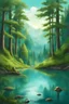 Placeholder: Panoramic composition, green theme, forest lakeside, Swiss impression, bohemian theme, creative composition, stunning design, master work, light blue background