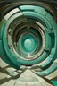 Placeholder: A grayish teal distorted realm with a portal painted by Frank Lloyd Wright