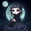 Placeholder: logo from whimsical, cute kawaii gothic style anime girl, pale face, dark eyes, goth laced dress, boots, expressive eyes, goth make up, dark lips, messy long hair with hair clips, she is sitting on the rock, deep night, in background big full moon, eerie athomosphere, gothic, mystic atmosfere, Cartoon style