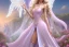 Placeholder: castle in background, beautiful, soft, big smiling, straight and long blonde hair, dewy and shiny atmosphere, diamond crown, long fairy wings in the back, full head, pink veil clothes