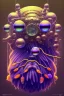 Placeholder: bearded man head with feathers, spheres, cubes, gears, clocks, engine parts, exhaust pipes, fur, peacock feathers, mechanism, in the style of Android Jones, gradient, bioluminescent, rococo, photorealistic, intricate details, 8k, purple and gold, digital painting, top light, illustration, trending on artstation