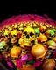 Placeholder: a field of skulls, multi colored, bright, vivid, psychedelic, high detailed, matte, bunches and bubbled up clumps, horrorcore, vines, unsettling contrast, through a fisheye lens