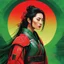 Placeholder: A lone cyber-samurai, depicted against a vibrant green backdrop with a crimson sun, emanates grace and strength. With elegant armor reminiscent of traditional samurai design yet unmistakably high-tech, she stands poised and contemplative, her hair flowing like ink. This piece captures a more introspective side, blending strength with serenity as she contemplates her path. The delicate circuitry woven into her attire reflects the symbiosis of organic and digital worlds, suggesting a warrior who e