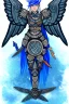 Placeholder: a person in runic armor with blue wings, blue short hair, runic tattoo and spell book