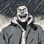 Placeholder: a closeup of a psychopathic young man with white eyes in a heavy coat and hood during a rainstorm laughing cartoon