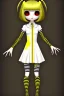 Placeholder: Fran Bow, yellow dress, black and white striped leggings, Dark brown hair, bob cut with bangs, full body shot, bloody dress