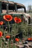 Placeholder: poppies growing out of a big abandon corroded old car
