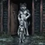 Placeholder: fantasy digital art of crying young female anthro wolf in gray hairy wolf body and wears just a short canvas rag around her waist , sadly crying face stands in the rain front the door, behind her an tall anthro dark hairy wolf man standing behind in rustic halb open door in an massive wooden house, deep colors, rainy day, detailed, anthropomorphic creatures, fantasy, sci-fi mood