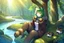 Placeholder: Girl, green hair, raccoon tail, raccoon paws in hand, raccoon paws in foot, forest, river, sit on tree, coat on neck, with tongue out,