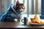 Placeholder: A cat with a hoodie is sitting on a table eating fish and chips