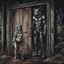 Placeholder: fantasy digital art of young female anthro wolf in gray hairy wolf body and wears just a short canvas rag around her waist , sadly crying face stands in the rain front the door, behind her an tall anthro dark hairy wolf man standing behind in rustic halb open door in an massive wooden house, deep colors, rainy day, detailed, anthropomorphic creatures, fantasy, sci-fi mood