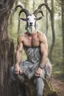 Placeholder: full body view, photography of a mythical satyr, a half man, half goat in the forest, eyes squinting, horns like a male goat, in the style of glitter pastels, grey goatee, ruddy weathered, hairy man face, lower body is a goat with goat legs and hooves, smiling, sitting on a tree stump