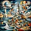 Placeholder: Surreal Cubist Dreamscape; by Picasso, surreal fragmented Wonderland lighthouse, Dali