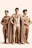 Placeholder: three men in different Balenciaga Superman's big emblem clothing, beige tones, fashion plates, outfits, modern designs, deconstructed tailoring, rendered in cinema4d –q 2 –ar 3:5